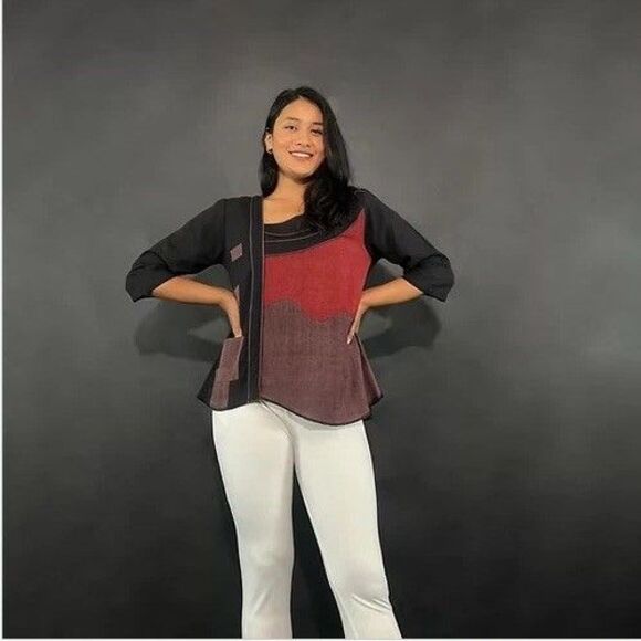 Dragonfly Medium Blouse Black Red Colorblock Tunic 3/4 Sleeve Cotton - Picture 1 of 8